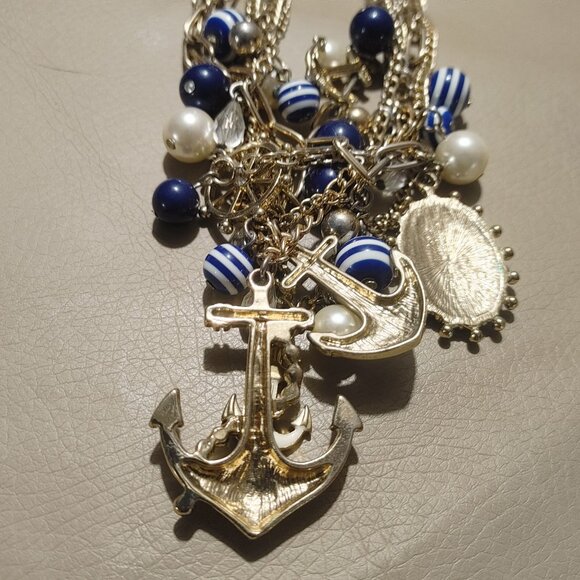Large Gold Tone Nautical Paperclip Blue White Necklace Anchors Pearls Blue Beads - Picture 8 of 10